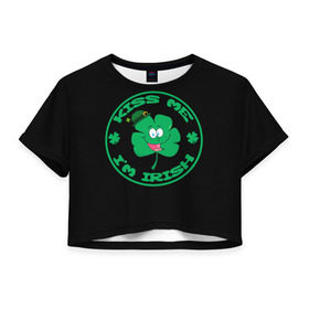 Женская футболка 3D укороченная с принтом Ireland, Kiss me, I`m Irish в Петрозаводске, 100% полиэстер | круглая горловина, длина футболки до линии талии, рукава с отворотами | animation | background | black | clover | four | green | hat | im irish | ireland | kiss me | leaf | petal | printing | smile | анимация | зелёный | ирландец | ирландия | клевер | лепесток | листок | меня | печать | поцелуй | улыбка | фон | черный | четыр