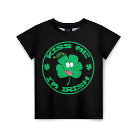 Детская футболка 3D с принтом Ireland, Kiss me, I`m Irish в Петрозаводске, 100% гипоаллергенный полиэфир | прямой крой, круглый вырез горловины, длина до линии бедер, чуть спущенное плечо, ткань немного тянется | animation | background | black | clover | four | green | hat | im irish | ireland | kiss me | leaf | petal | printing | smile | анимация | зелёный | ирландец | ирландия | клевер | лепесток | листок | меня | печать | поцелуй | улыбка | фон | черный | четыр