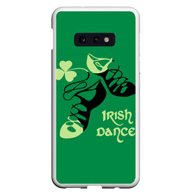 Чехол для Samsung S10E с принтом Ireland Irish dance в Петрозаводске, Силикон | Область печати: задняя сторона чехла, без боковых панелей | background | black | clover | dance | green | ireland | irish | petal | soft shoes | зеленый | ирландия | ирландский | клевер | лепесток | мягкая | обувь | танец | фон | черная