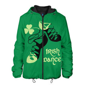 Мужская куртка 3D с принтом Ireland, Irish dance в Петрозаводске, ткань верха — 100% полиэстер, подклад — флис | прямой крой, подол и капюшон оформлены резинкой с фиксаторами, два кармана без застежек по бокам, один большой потайной карман на груди. Карман на груди застегивается на липучку | background | black | clover | dance | green | ireland | irish | petal | soft shoes | зеленый | ирландия | ирландский | клевер | лепесток | мягкая | обувь | танец | фон | черная