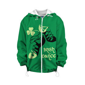 Детская куртка 3D с принтом Ireland, Irish dance в Петрозаводске, 100% полиэстер | застежка — молния, подол и капюшон оформлены резинкой с фиксаторами, по бокам — два кармана без застежек, один потайной карман на груди, плотность верхнего слоя — 90 г/м2; плотность флисового подклада — 260 г/м2 | background | black | clover | dance | green | ireland | irish | petal | soft shoes | зеленый | ирландия | ирландский | клевер | лепесток | мягкая | обувь | танец | фон | черная