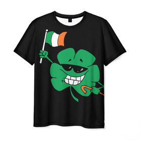 Мужская футболка 3D с принтом Ирландия, клевер с флагом в Петрозаводске, 100% полиэфир | прямой крой, круглый вырез горловины, длина до линии бедер | Тематика изображения на принте: animation | background | black | clover | flag | ireland | smile | stick | teeth | анимация | зубы | ирландия | клевер | очки | палка | улыбка | флаг | фон | черный