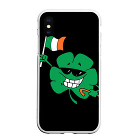 Чехол для iPhone XS Max матовый с принтом Ирландия клевер с флагом в Петрозаводске, Силикон | Область печати: задняя сторона чехла, без боковых панелей | animation | background | black | clover | flag | ireland | smile | stick | teeth | анимация | зубы | ирландия | клевер | очки | палка | улыбка | флаг | фон | черный