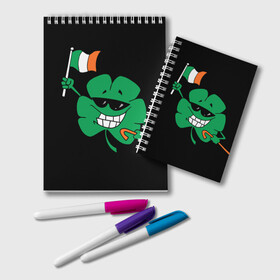 Блокнот с принтом Ирландия клевер с флагом в Петрозаводске, 100% бумага | 48 листов, плотность листов — 60 г/м2, плотность картонной обложки — 250 г/м2. Листы скреплены удобной пружинной спиралью. Цвет линий — светло-серый
 | Тематика изображения на принте: animation | background | black | clover | flag | ireland | smile | stick | teeth | анимация | зубы | ирландия | клевер | очки | палка | улыбка | флаг | фон | черный