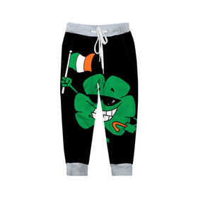 Детские брюки 3D с принтом Ирландия, клевер с флагом в Петрозаводске, 100% полиэстер | манжеты по низу, эластичный пояс регулируется шнурком, по бокам два кармана без застежек, внутренняя часть кармана из мелкой сетки | animation | background | black | clover | flag | ireland | smile | stick | teeth | анимация | зубы | ирландия | клевер | очки | палка | улыбка | флаг | фон | черный