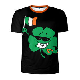 Мужская футболка 3D спортивная с принтом Ирландия, клевер с флагом в Петрозаводске, 100% полиэстер с улучшенными характеристиками | приталенный силуэт, круглая горловина, широкие плечи, сужается к линии бедра | animation | background | black | clover | flag | ireland | smile | stick | teeth | анимация | зубы | ирландия | клевер | очки | палка | улыбка | флаг | фон | черный