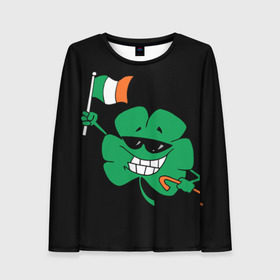 Женский лонгслив 3D с принтом Ирландия, клевер с флагом в Петрозаводске, 100% полиэстер | длинные рукава, круглый вырез горловины, полуприлегающий силуэт | animation | background | black | clover | flag | ireland | smile | stick | teeth | анимация | зубы | ирландия | клевер | очки | палка | улыбка | флаг | фон | черный