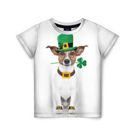 Детская футболка 3D с принтом Ирландия в Петрозаводске, 100% гипоаллергенный полиэфир | прямой крой, круглый вырез горловины, длина до линии бедер, чуть спущенное плечо, ткань немного тянется | Тематика изображения на принте: animal | breed | clover | dog | folk | fun | funny | hat | hero | ireland | irish | saint patrick | герой | животное | ирландия | ирландский | клевер | народный | порода | прикол | святой патрик | собака | шляпа | шутка