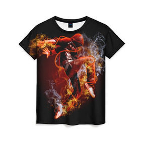 Женская футболка 3D с принтом Огненный танец в Петрозаводске, 100% полиэфир ( синтетическое хлопкоподобное полотно) | прямой крой, круглый вырез горловины, длина до линии бедер | background | black | dance | dancer | energy | fire | flame | flying | male | мужчина | огненный | пламя | полет | танец | танцор | фон | черный | энергия