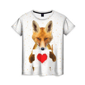 Женская футболка 3D с принтом Влюбленная лиса в Петрозаводске, 100% полиэфир ( синтетическое хлопкоподобное полотно) | прямой крой, круглый вырез горловины, длина до линии бедер | Тематика изображения на принте: animal | beast | fox | heart | love | orange | животное | зверь | лис | лиса | личиска | любовь | рыжая | сердце