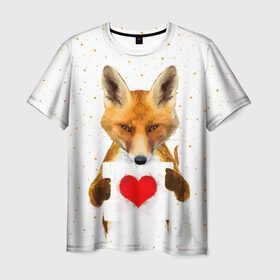 Мужская футболка 3D с принтом Влюбленная лиса в Петрозаводске, 100% полиэфир | прямой крой, круглый вырез горловины, длина до линии бедер | animal | beast | fox | heart | love | orange | животное | зверь | лис | лиса | личиска | любовь | рыжая | сердце