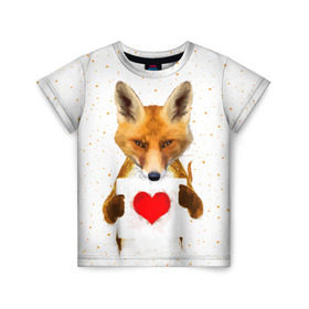 Детская футболка 3D с принтом Влюбленная лиса в Петрозаводске, 100% гипоаллергенный полиэфир | прямой крой, круглый вырез горловины, длина до линии бедер, чуть спущенное плечо, ткань немного тянется | animal | beast | fox | heart | love | orange | животное | зверь | лис | лиса | личиска | любовь | рыжая | сердце