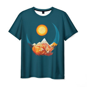 Мужская футболка 3D с принтом Лиса под солнцем в Петрозаводске, 100% полиэфир | прямой крой, круглый вырез горловины, длина до линии бедер | animal | beast | fox | heart | love | orange | животное | зверь | лис | лиса | личиска | любовь | природа | рыжая | сердце | солнце