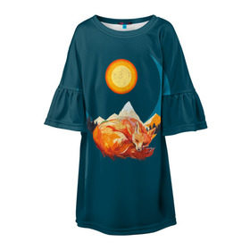 Детское платье 3D с принтом Лиса под солнцем в Петрозаводске, 100% полиэстер | прямой силуэт, чуть расширенный к низу. Круглая горловина, на рукавах — воланы | animal | beast | fox | heart | love | orange | животное | зверь | лис | лиса | личиска | любовь | природа | рыжая | сердце | солнце