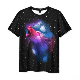 Мужская футболка 3D с принтом Воющий волк в Петрозаводске, 100% полиэфир | прямой крой, круглый вырез горловины, длина до линии бедер | animal | beast | cosmic | galaxy | moon | planet | rage | roar | space | star | universe | wild | wolf | волк | вселенная | галактика | животное | звезды | зверь | космос | луна | планета | рык | ярость