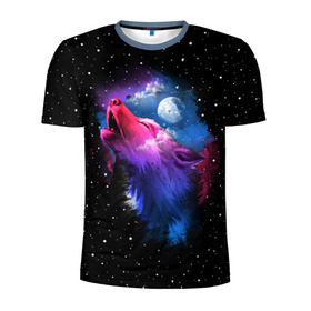 Мужская футболка 3D спортивная с принтом Воющий волк в Петрозаводске, 100% полиэстер с улучшенными характеристиками | приталенный силуэт, круглая горловина, широкие плечи, сужается к линии бедра | animal | beast | cosmic | galaxy | moon | planet | rage | roar | space | star | universe | wild | wolf | волк | вселенная | галактика | животное | звезды | зверь | космос | луна | планета | рык | ярость