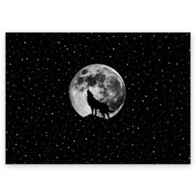 Поздравительная открытка с принтом Лунный волк в Петрозаводске, 100% бумага | плотность бумаги 280 г/м2, матовая, на обратной стороне линовка и место для марки
 | animal | beast | cosmic | galaxy | moon | planet | rage | roar | space | star | universe | wild | wolf | волк | вселенная | галактика | животное | звезды | зверь | космос | луна | планета | рык | ярость