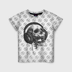 Детская футболка 3D с принтом Череп меломана в Петрозаводске, 100% гипоаллергенный полиэфир | прямой крой, круглый вырез горловины, длина до линии бедер, чуть спущенное плечо, ткань немного тянется | bone | dark | death | dubstep | electro | evil | hipster | metal | music | rock | skelet | skull | дабстеп | кости | меломан | метал | музыка | наушники | рок | скелет | хипстер | череп