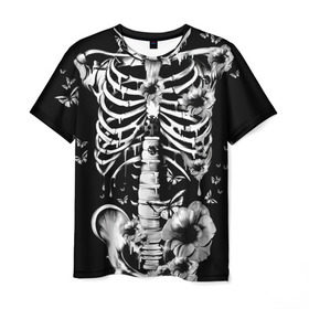 Мужская футболка 3D с принтом Floral Skeleton в Петрозаводске, 100% полиэфир | прямой крой, круглый вырез горловины, длина до линии бедер | art | bone | dark | death | fashion | flower | hipster | skelet | skull | арт | грудь | кости | мода | ребра | скелет | стиль | темный | хипстер | цвет | череп