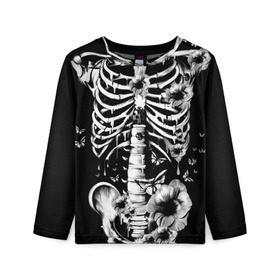 Детский лонгслив 3D с принтом Floral Skeleton в Петрозаводске, 100% полиэстер | длинные рукава, круглый вырез горловины, полуприлегающий силуэт
 | art | bone | dark | death | fashion | flower | hipster | skelet | skull | арт | грудь | кости | мода | ребра | скелет | стиль | темный | хипстер | цвет | череп