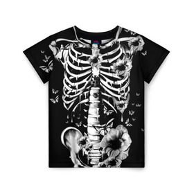 Детская футболка 3D с принтом Floral Skeleton в Петрозаводске, 100% гипоаллергенный полиэфир | прямой крой, круглый вырез горловины, длина до линии бедер, чуть спущенное плечо, ткань немного тянется | Тематика изображения на принте: art | bone | dark | death | fashion | flower | hipster | skelet | skull | арт | грудь | кости | мода | ребра | скелет | стиль | темный | хипстер | цвет | череп