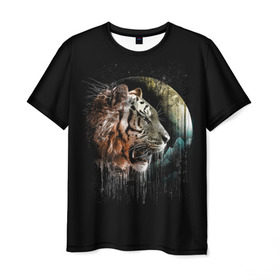 Мужская футболка 3D с принтом Космический тигр в Петрозаводске, 100% полиэфир | прямой крой, круглый вырез горловины, длина до линии бедер | animal | beast | cat | cosmic | galaxy | meow | moon | planet | roar | space | tiger | галактика | животное | зверь | космос | кот | кошка | луна | мяу | планета | рык | тигр | ярость