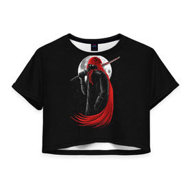 Женская футболка 3D укороченная с принтом Лунный убийца в Петрозаводске, 100% полиэстер | круглая горловина, длина футболки до линии талии, рукава с отворотами | moon | ninja | warrior | воин | звезды | луна | ниндзя