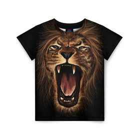 Детская футболка 3D с принтом Львиный рык в Петрозаводске, 100% гипоаллергенный полиэфир | прямой крой, круглый вырез горловины, длина до линии бедер, чуть спущенное плечо, ткань немного тянется | Тематика изображения на принте: animal | beast | cat | feline | king | lion | meow | pussy | rage | roar | животное | зверь | король | кот | кошка | лев | львица | мяу | рык | хищник | царь | ярость