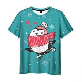 Мужская футболка 3D с принтом Пингвинчик на коньках в Петрозаводске, 100% полиэфир | прямой крой, круглый вырез горловины, длина до линии бедер | 14 февраля | день святого валентина | зима | пингвин | снег | снежинки