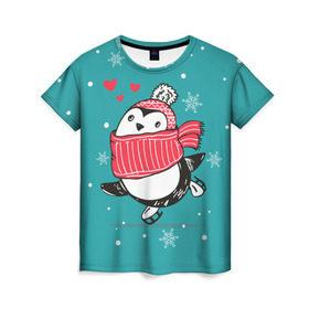 Женская футболка 3D с принтом Пингвинчик на коньках в Петрозаводске, 100% полиэфир ( синтетическое хлопкоподобное полотно) | прямой крой, круглый вырез горловины, длина до линии бедер | 14 февраля | день святого валентина | зима | пингвин | снег | снежинки