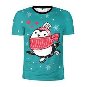 Мужская футболка 3D спортивная с принтом Пингвинчик на коньках в Петрозаводске, 100% полиэстер с улучшенными характеристиками | приталенный силуэт, круглая горловина, широкие плечи, сужается к линии бедра | 14 февраля | день святого валентина | зима | пингвин | снег | снежинки
