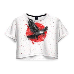 Женская футболка 3D укороченная с принтом Черный ворон в Петрозаводске, 100% полиэстер | круглая горловина, длина футболки до линии талии, рукава с отворотами | bird | black | fly | moon | sun | ворон | луна | полет | птица | солнце | черный