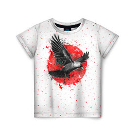 Детская футболка 3D с принтом Черный ворон в Петрозаводске, 100% гипоаллергенный полиэфир | прямой крой, круглый вырез горловины, длина до линии бедер, чуть спущенное плечо, ткань немного тянется | bird | black | fly | moon | sun | ворон | луна | полет | птица | солнце | черный