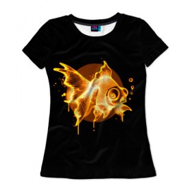 Женская футболка 3D с принтом Золотая рыбка в Петрозаводске, 100% полиэфир ( синтетическое хлопкоподобное полотно) | прямой крой, круглый вырез горловины, длина до линии бедер | агрессивные | арт | веселые | дыым | интересные | новинки | огонь | пламя | популярное | узор