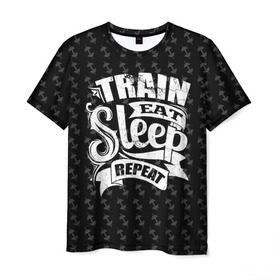 Мужская футболка 3D с принтом Train Eat Sleep Repeat в Петрозаводске, 100% полиэфир | прямой крой, круглый вырез горловины, длина до линии бедер | Тематика изображения на принте: body | crossfit | force | hard | power | powerlifting | sport | strength | strong | train | workout | бодибилдер | бодибилдинг | воркаут | крепость | кроссфит | пауэрлифтинг | сила | спорт | тело | тренировка