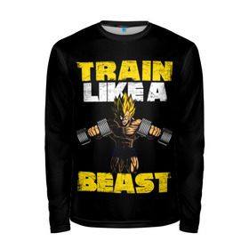 Мужской лонгслив 3D с принтом Train Like a Beast в Петрозаводске, 100% полиэстер | длинные рукава, круглый вырез горловины, полуприлегающий силуэт | dragon ball | strong | workout | воркаут | драгон бол