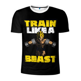 Мужская футболка 3D спортивная с принтом Train Like a Beast в Петрозаводске, 100% полиэстер с улучшенными характеристиками | приталенный силуэт, круглая горловина, широкие плечи, сужается к линии бедра | dragon ball | strong | workout | воркаут | драгон бол