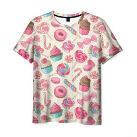 Мужская футболка 3D с принтом Радости и сладости в Петрозаводске, 100% полиэфир | прямой крой, круглый вырез горловины, длина до линии бедер | глазурь | кексы | конфеты | леденцы | пончик | сладости