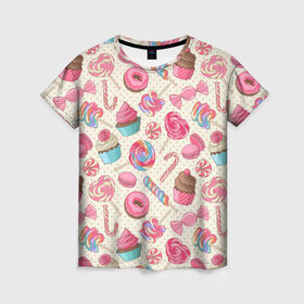 Женская футболка 3D с принтом Радости и сладости в Петрозаводске, 100% полиэфир ( синтетическое хлопкоподобное полотно) | прямой крой, круглый вырез горловины, длина до линии бедер | Тематика изображения на принте: глазурь | кексы | конфеты | леденцы | пончик | сладости