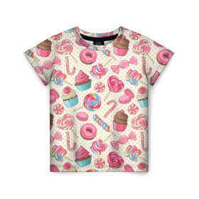 Детская футболка 3D с принтом Радости и сладости в Петрозаводске, 100% гипоаллергенный полиэфир | прямой крой, круглый вырез горловины, длина до линии бедер, чуть спущенное плечо, ткань немного тянется | глазурь | кексы | конфеты | леденцы | пончик | сладости