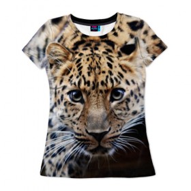 Женская футболка 3D с принтом Леопард в Петрозаводске, 100% полиэфир ( синтетическое хлопкоподобное полотно) | прямой крой, круглый вырез горловины, длина до линии бедер | взгляд | глаза | дикая кошка | леопард | хищник
