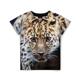 Детская футболка 3D с принтом Леопард в Петрозаводске, 100% гипоаллергенный полиэфир | прямой крой, круглый вырез горловины, длина до линии бедер, чуть спущенное плечо, ткань немного тянется | взгляд | глаза | дикая кошка | леопард | хищник