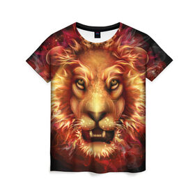 Женская футболка 3D с принтом Огненный лев в Петрозаводске, 100% полиэфир ( синтетическое хлопкоподобное полотно) | прямой крой, круглый вырез горловины, длина до линии бедер | animal | fire | flame | head | lion | look | predator | взгляд | голова | животное | лев | огненный | огонь | пламя | хищник