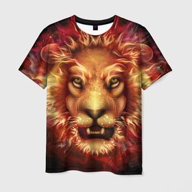 Мужская футболка 3D с принтом Огненный лев в Петрозаводске, 100% полиэфир | прямой крой, круглый вырез горловины, длина до линии бедер | animal | fire | flame | head | lion | look | predator | взгляд | голова | животное | лев | огненный | огонь | пламя | хищник