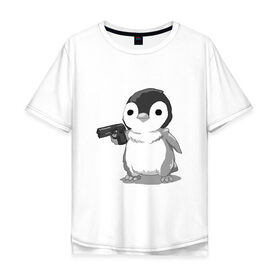 Мужская футболка хлопок Oversize с принтом пингвин в Петрозаводске, 100% хлопок | свободный крой, круглый ворот, “спинка” длиннее передней части | Тематика изображения на принте: gun | penguin | shotgun | tmblr | tumbler | пингвин | пистолет