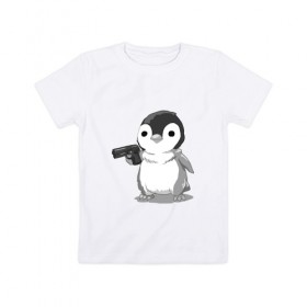 Детская футболка хлопок с принтом пингвин в Петрозаводске, 100% хлопок | круглый вырез горловины, полуприлегающий силуэт, длина до линии бедер | gun | penguin | shotgun | tmblr | tumbler | пингвин | пистолет