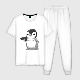 Мужская пижама хлопок с принтом пингвин в Петрозаводске, 100% хлопок | брюки и футболка прямого кроя, без карманов, на брюках мягкая резинка на поясе и по низу штанин
 | gun | penguin | shotgun | tmblr | tumbler | пингвин | пистолет