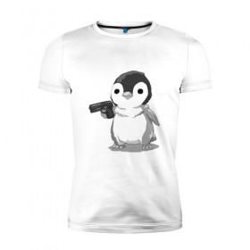 Мужская футболка премиум с принтом пингвин в Петрозаводске, 92% хлопок, 8% лайкра | приталенный силуэт, круглый вырез ворота, длина до линии бедра, короткий рукав | Тематика изображения на принте: gun | penguin | shotgun | tmblr | tumbler | пингвин | пистолет