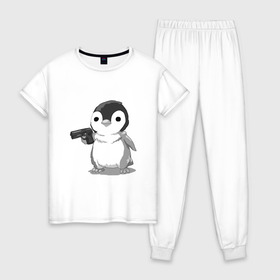 Женская пижама хлопок с принтом пингвин в Петрозаводске, 100% хлопок | брюки и футболка прямого кроя, без карманов, на брюках мягкая резинка на поясе и по низу штанин | Тематика изображения на принте: gun | penguin | shotgun | tmblr | tumbler | пингвин | пистолет