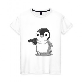Женская футболка хлопок с принтом пингвин в Петрозаводске, 100% хлопок | прямой крой, круглый вырез горловины, длина до линии бедер, слегка спущенное плечо | Тематика изображения на принте: gun | penguin | shotgun | tmblr | tumbler | пингвин | пистолет